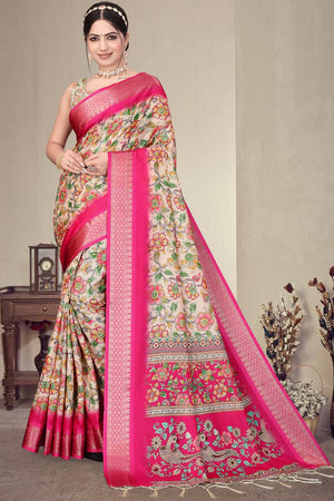 Pink Floral Printed Cotton Silk Saree (AXALI2-PINK)