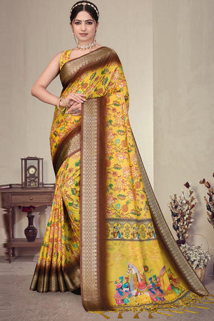 Yellow Floral Printed Cotton Silk Saree (AXALI2-YELLOW)