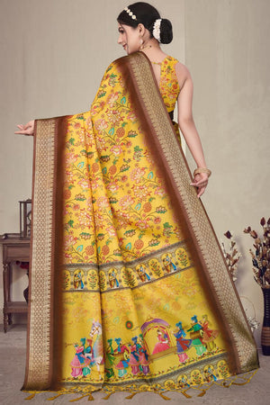 Yellow Floral Printed Cotton Silk Saree (AXALI2-YELLOW)