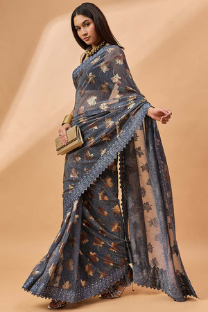 Grey Poly Chiffon Woven Saree