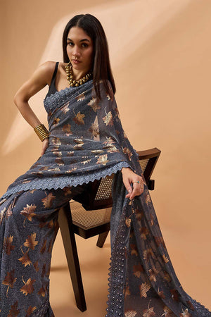 Grey Poly Chiffon Woven Saree