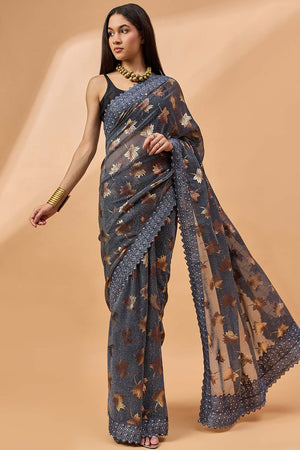 Grey Poly Chiffon Woven Saree