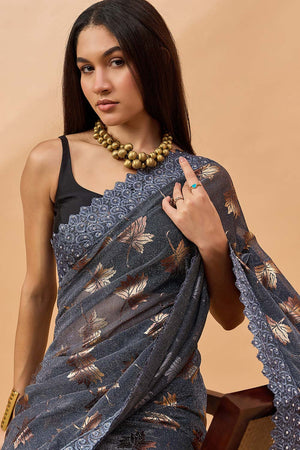 Grey Poly Chiffon Woven Saree