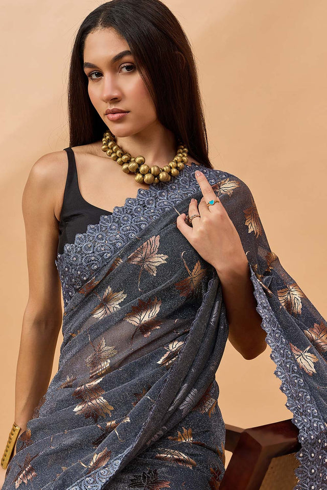 Grey Poly Chiffon Woven Saree