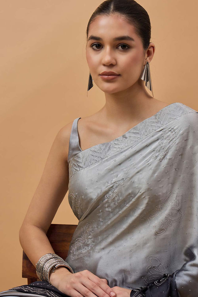 Grey Satin Woven Saree