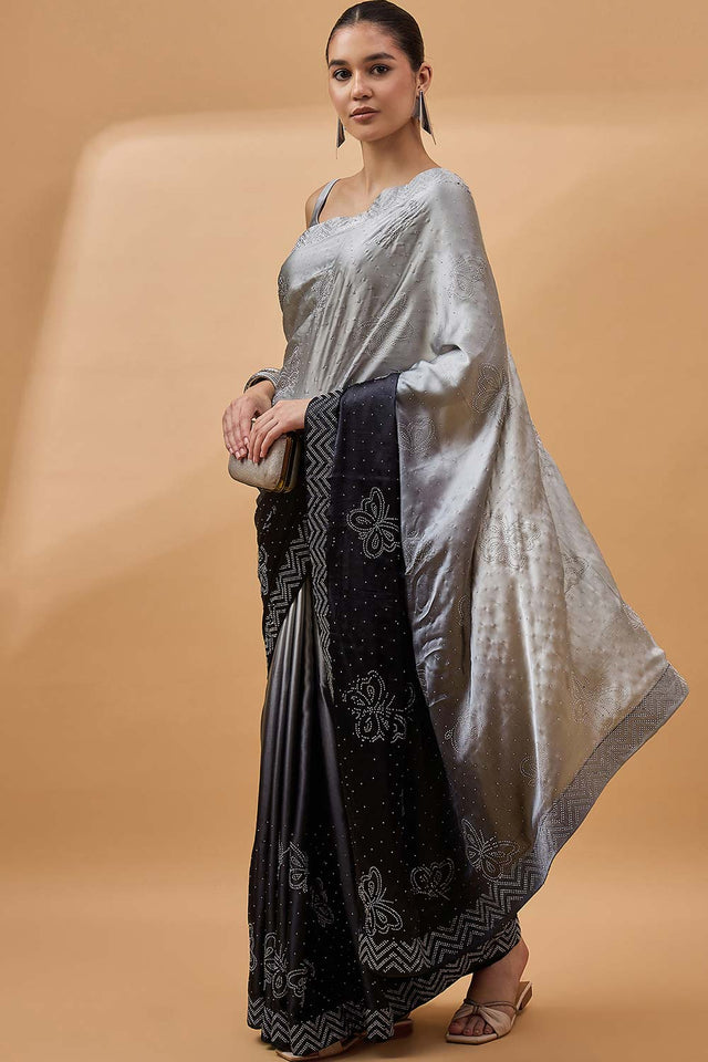 Grey Satin Woven Saree