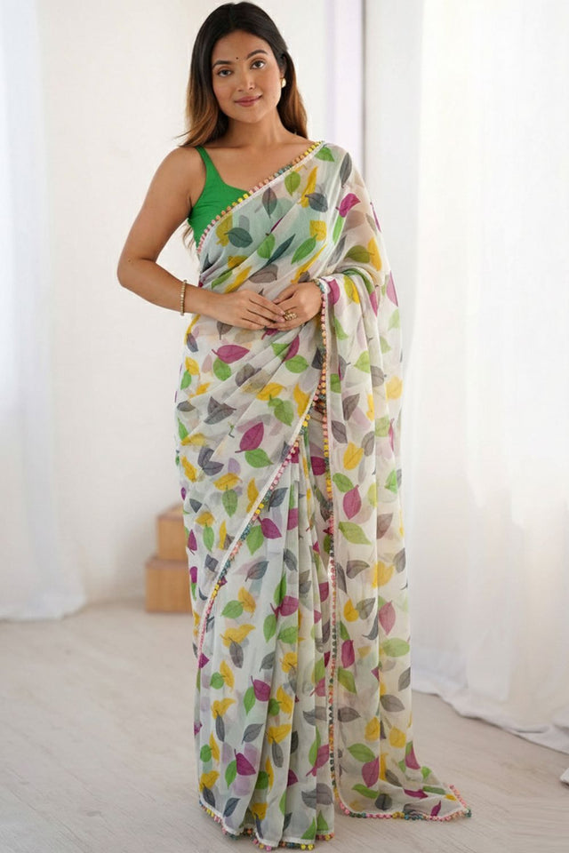 Multi Color Printed Chiffon Saree (Aarti3-Green)