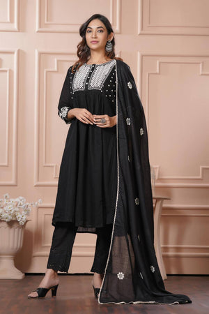 Black Embroidered Cotton Anarkali Suit Set