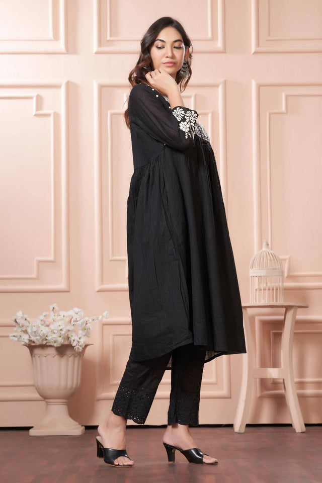 Black Embroidered Cotton Anarkali Suit Set