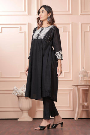 Black Embroidered Cotton Anarkali Suit Set