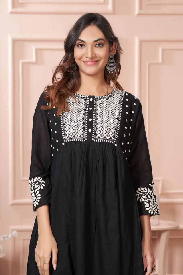 Black Embroidered Cotton Anarkali Suit Set
