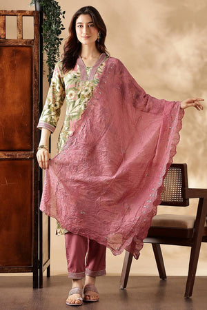 Green Floral Printed Silk Kurti Pant Set