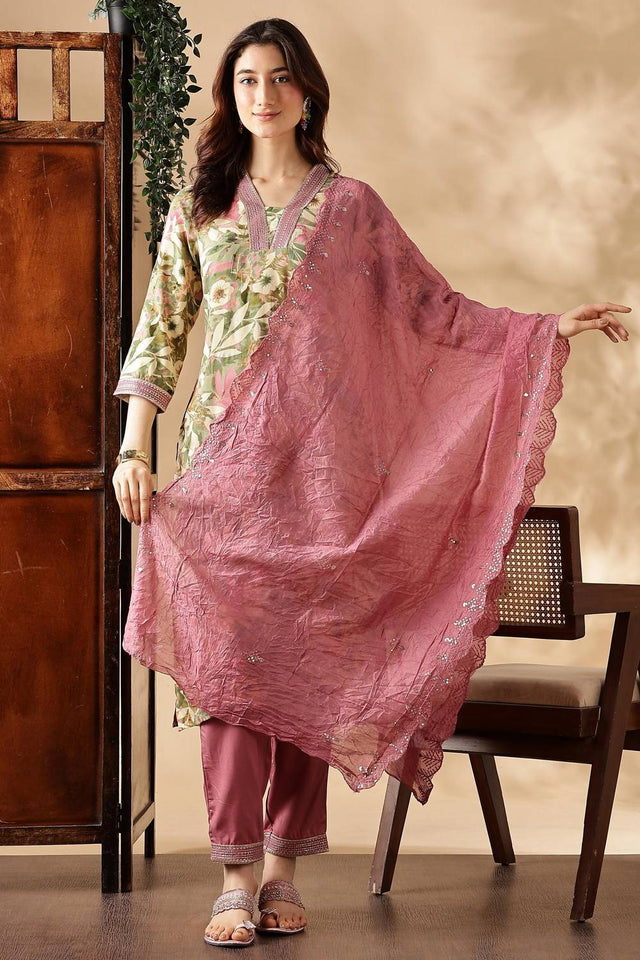 Green Floral Printed Silk Kurti Pant Set