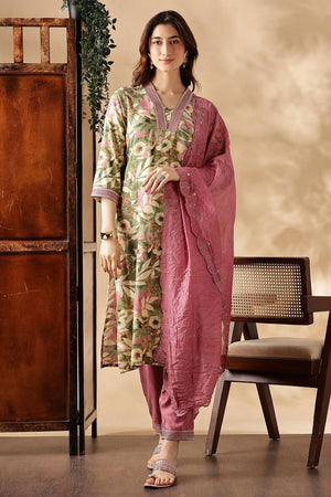 Green Floral Printed Silk Kurti Pant Set