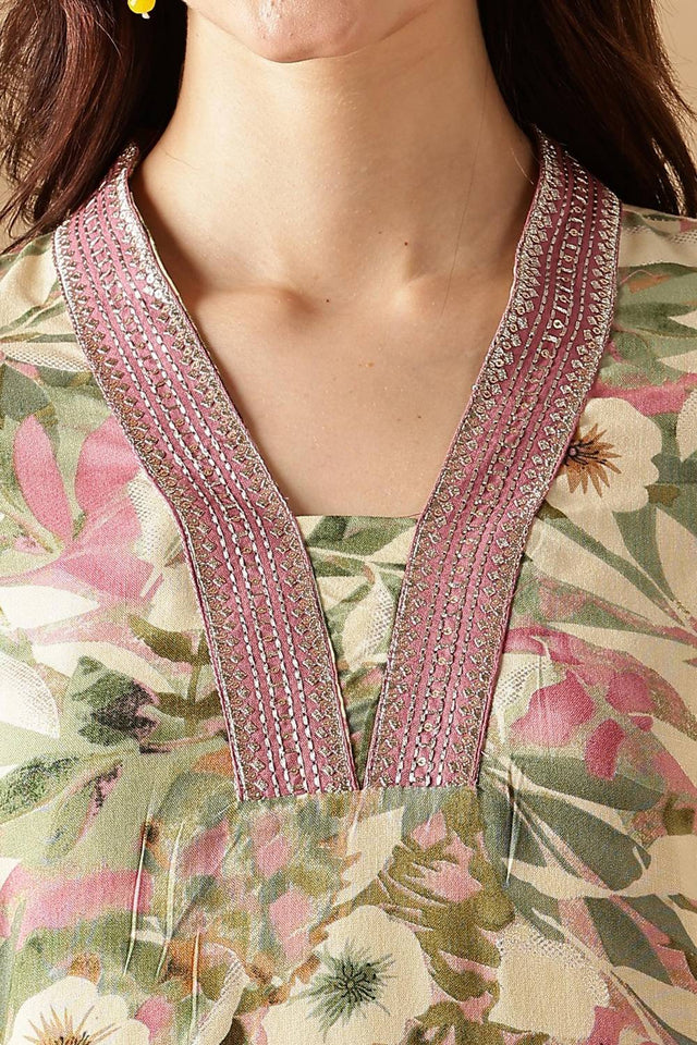 Green Floral Printed Silk Kurti Pant Set