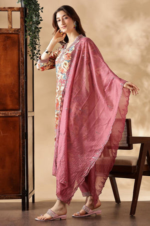 Multi Color Floral Printed Silk Kurti Pant Set