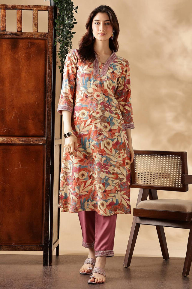 Multi Color Floral Printed Silk Kurti Pant Set