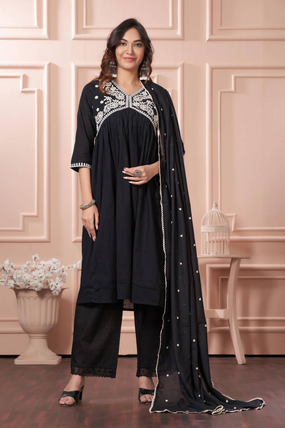 Black Embroidered Cotton Anarkali Suit Set (Akanksha/Black)