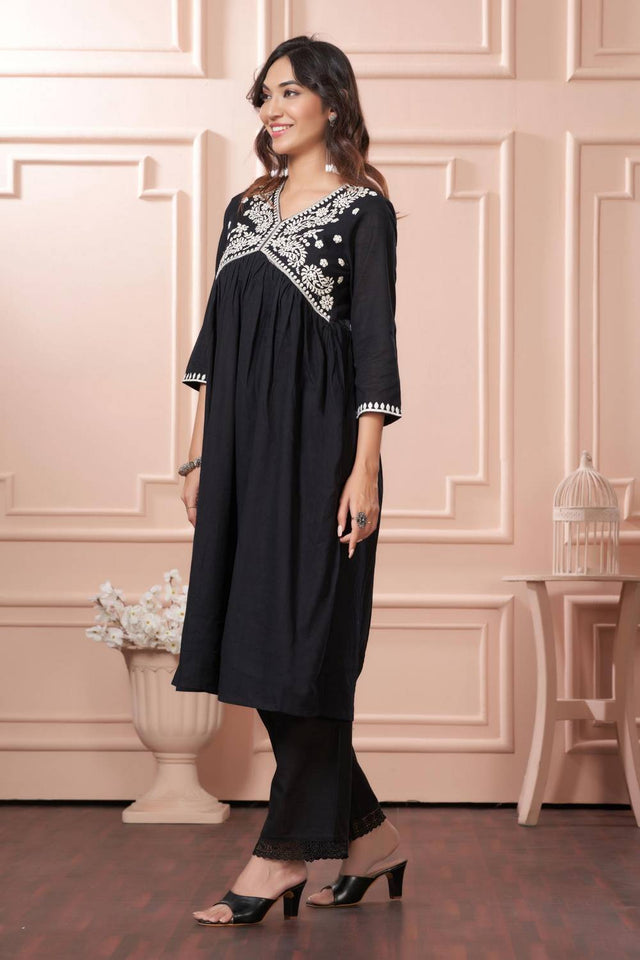 Black Embroidered Cotton Anarkali Suit Set