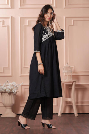 Black Embroidered Cotton Anarkali Suit Set