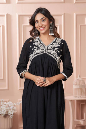 Black Embroidered Cotton Anarkali Suit Set