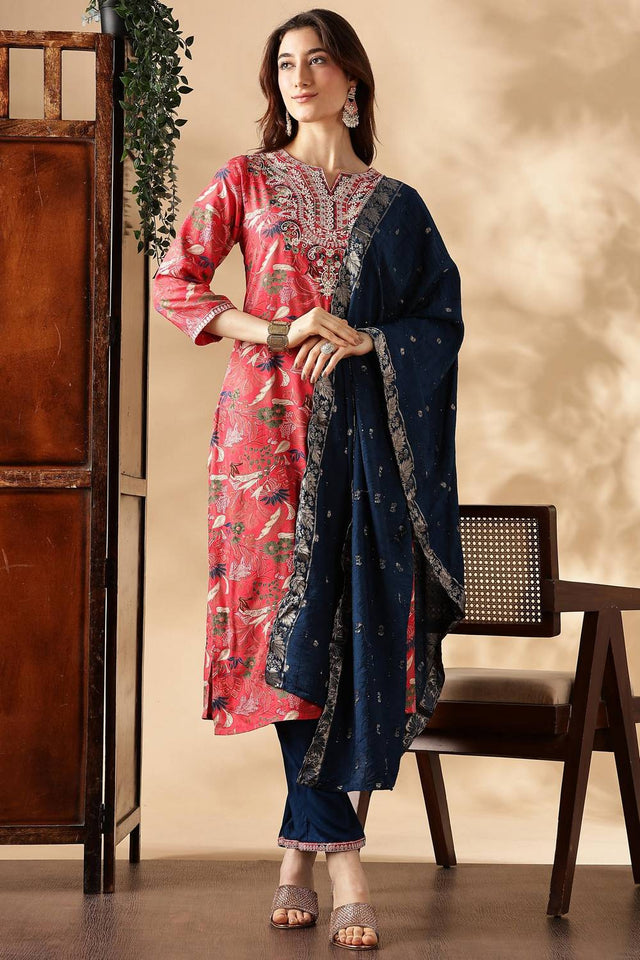 Red Floral Printed Silk Kurti Pant Set