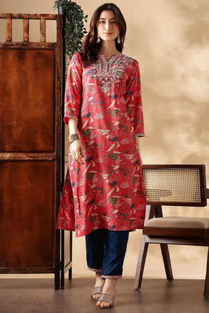 Red Floral Printed Silk Kurti Pant Set