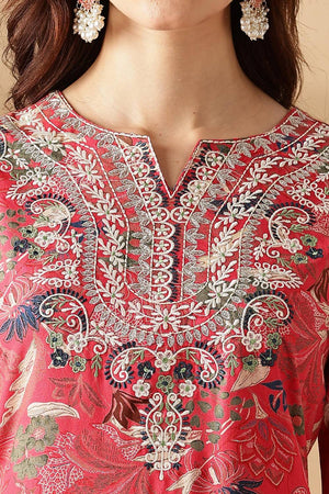 Red Floral Printed Silk Kurti Pant Set