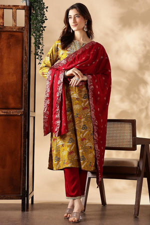 Mustard Floral Printed Silk Kurti Pant Set