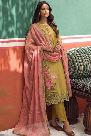 Yellow Floral Embroidered Organza Kurti Pant Set (Alizeh Jasmine2-8030)
