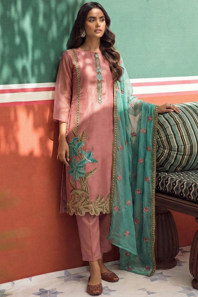 Peach Floral Embroidered Organza Kurti Pant Set (Alizeh Jasmine2-8031)