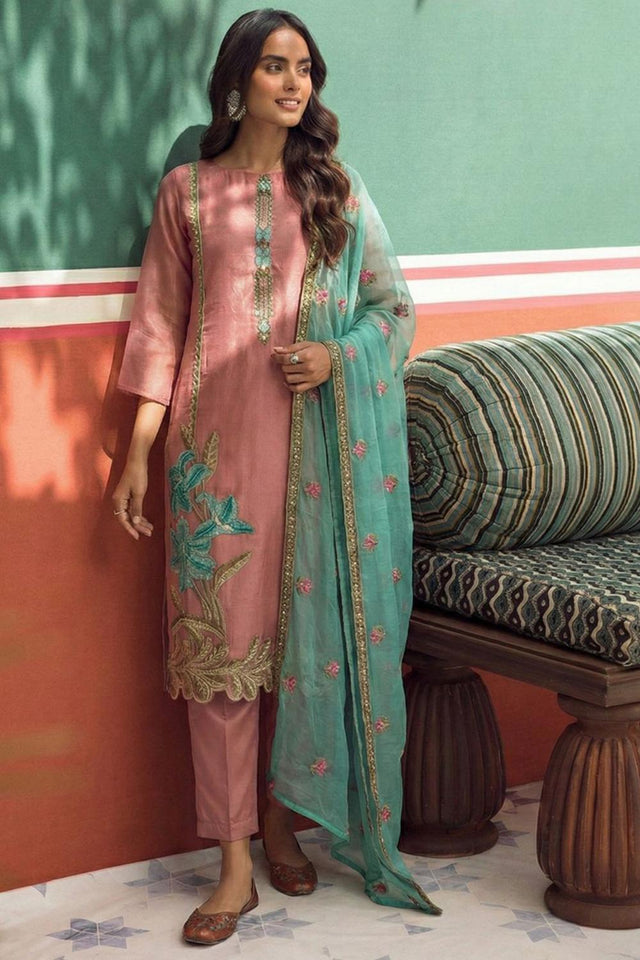 Peach Floral Embroidered Organza Kurti Pant Set (Alizeh Jasmine2-8031)