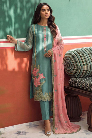 Light Blue Floral Embroidered Organza Kurti Pant Set (Alizeh Jasmine2-8032)