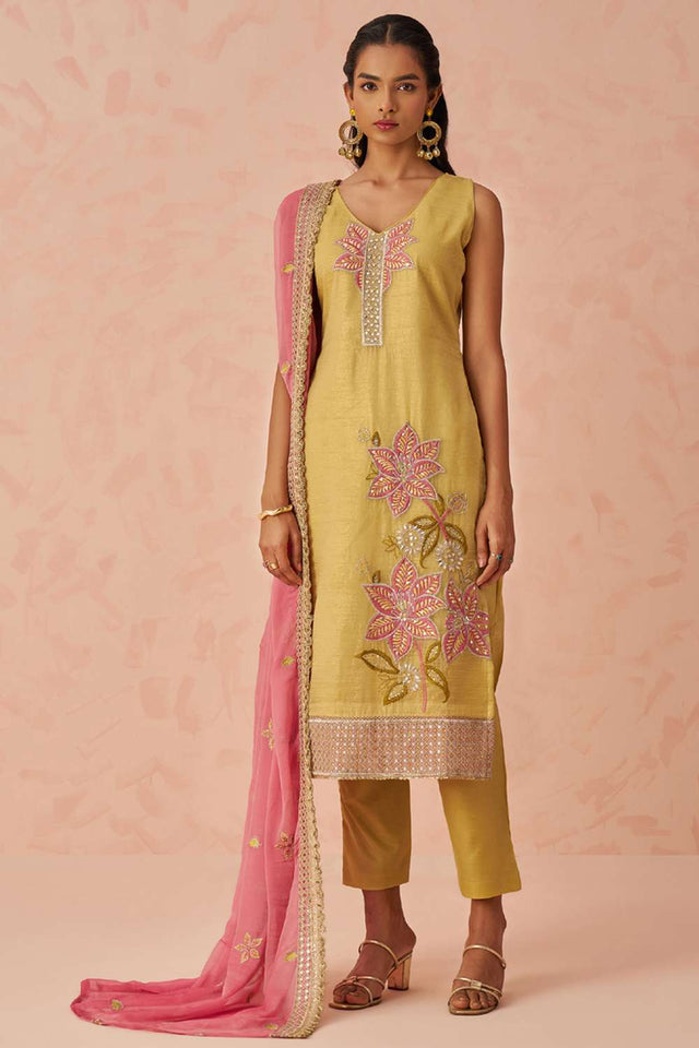 Yellow Embroidered Silk Straight Cut Suit Set (Alizeh raag2-8023)