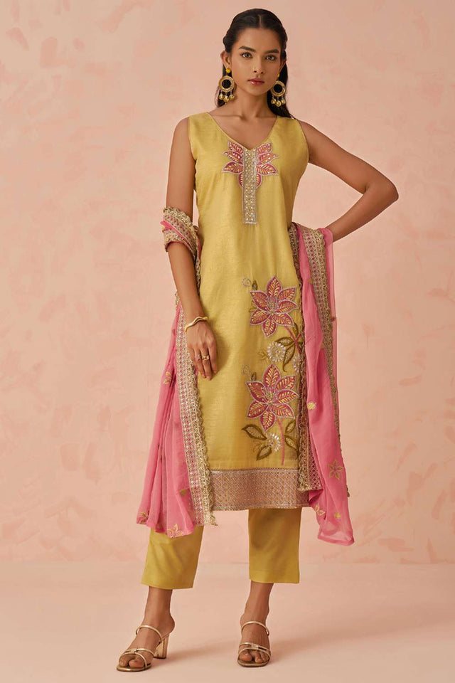 Yellow Embroidered Silk Straight Cut Suit Set (Alizeh raag2-8023)