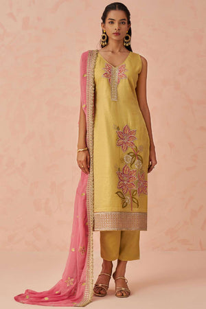 Yellow Embroidered Silk Straight Cut Suit Set (Alizeh raag2-8023)