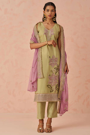 Gold Embroidered Silk Straight Cut Suit Set (Alizeh raag2-8024)