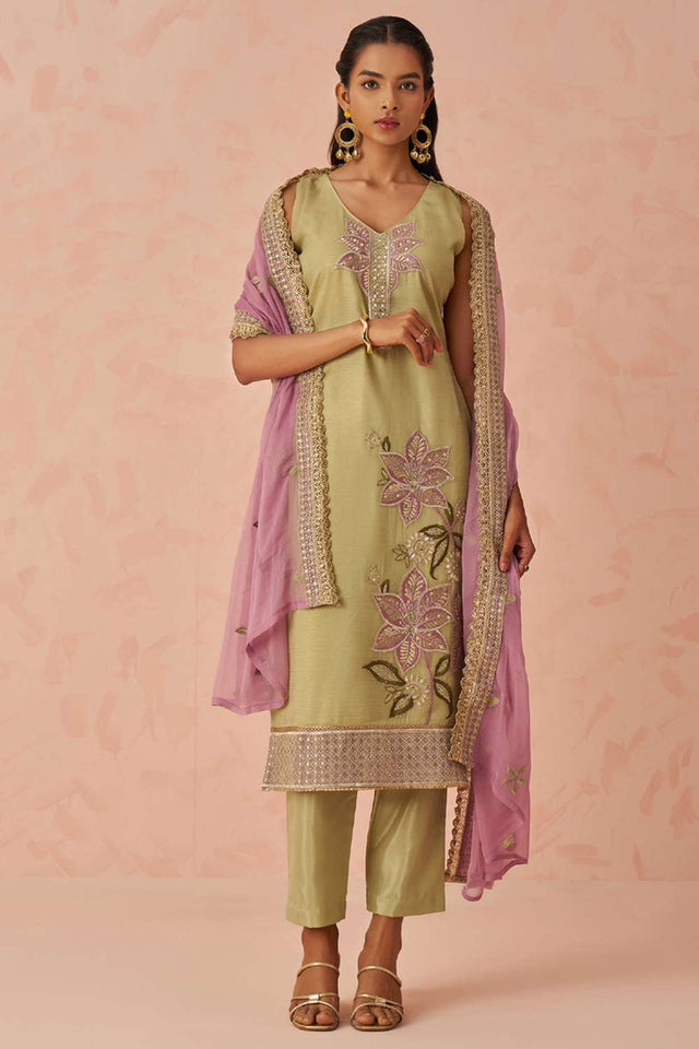 Gold Embroidered Silk Straight Cut Suit Set (Alizeh raag2-8024)
