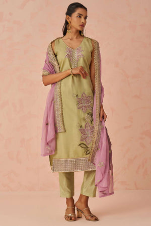 Gold Embroidered Silk Straight Cut Suit Set (Alizeh raag2-8024)