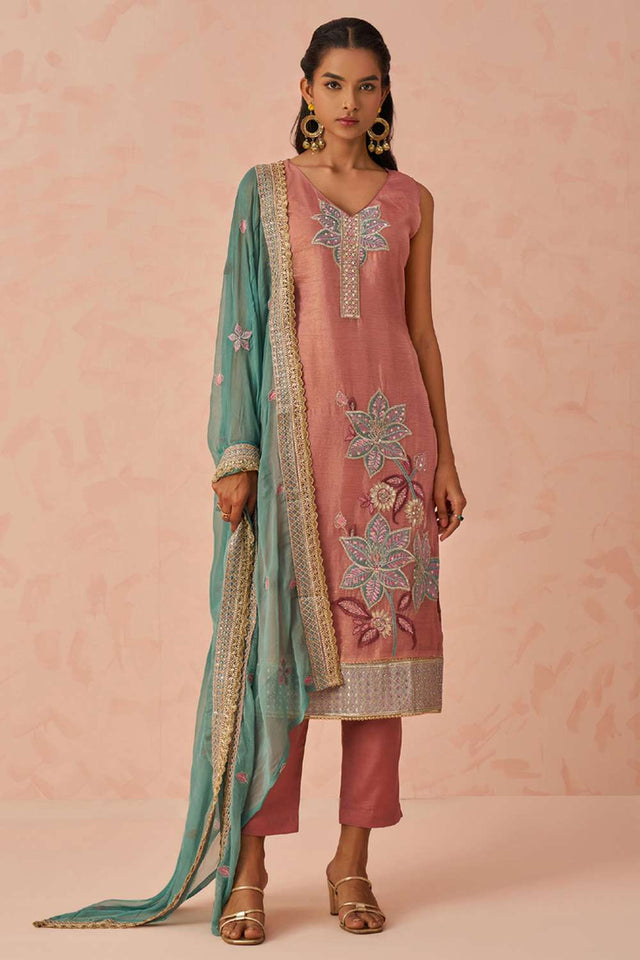 Peach Embroidered Silk Straight Cut Suit Set (Alizeh raag2-8025)