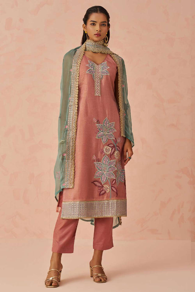 Peach Embroidered Silk Straight Cut Suit Set (Alizeh raag2-8025)