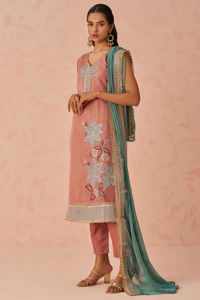 Peach Embroidered Silk Straight Cut Suit Set (Alizeh raag2-8025)