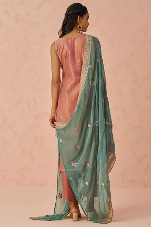 Peach Embroidered Silk Straight Cut Suit Set (Alizeh raag2-8025)