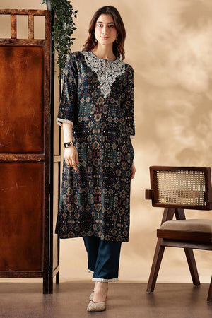 Black Floral Printed Silk Kurti Pant Set
