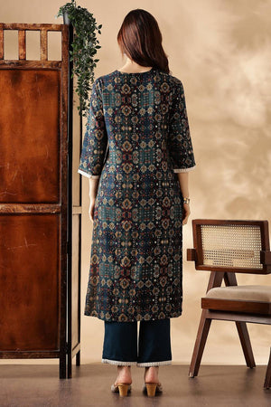 Black Floral Printed Silk Kurti Pant Set