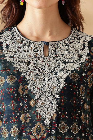 Black Floral Printed Silk Kurti Pant Set