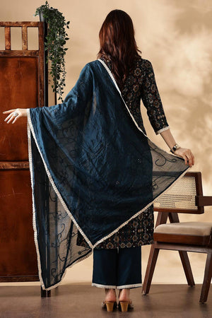 Black Floral Printed Silk Kurti Pant Set