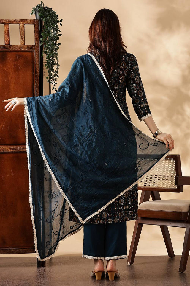 Black Floral Printed Silk Kurti Pant Set