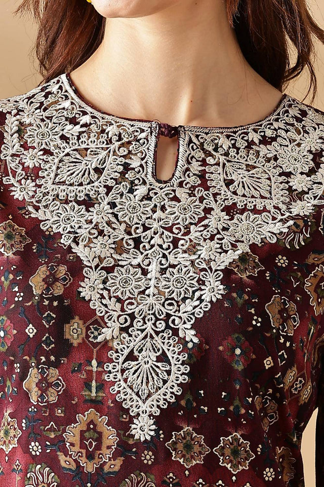 White Floral Printed Silk Kurti Pant Set