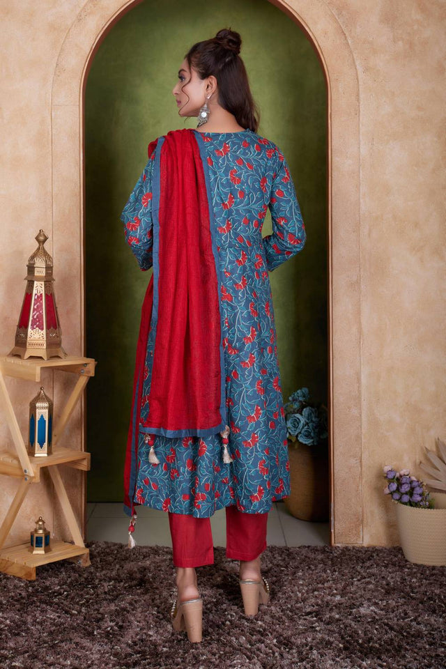 Blue Floral Printed Cotton Anarkali Suit Set